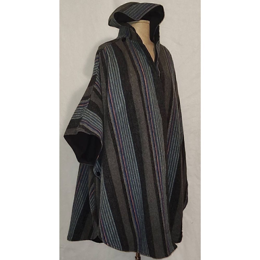Reversible Hooded Poncho in Felted Wool blend Black/blue striped reverse. NO BRA